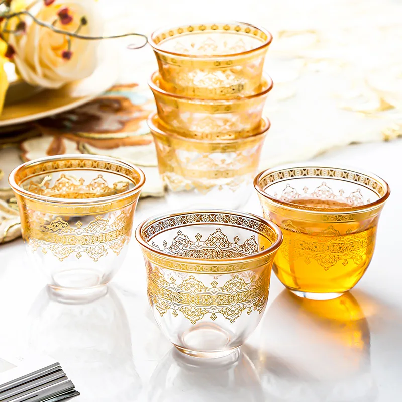 2pc Luxury Light Gold Middle East Style Arabian Tea Cup Glass Türkiye Coffee Cup Table Decoration Tea Set Gift Kitchen Drinkware