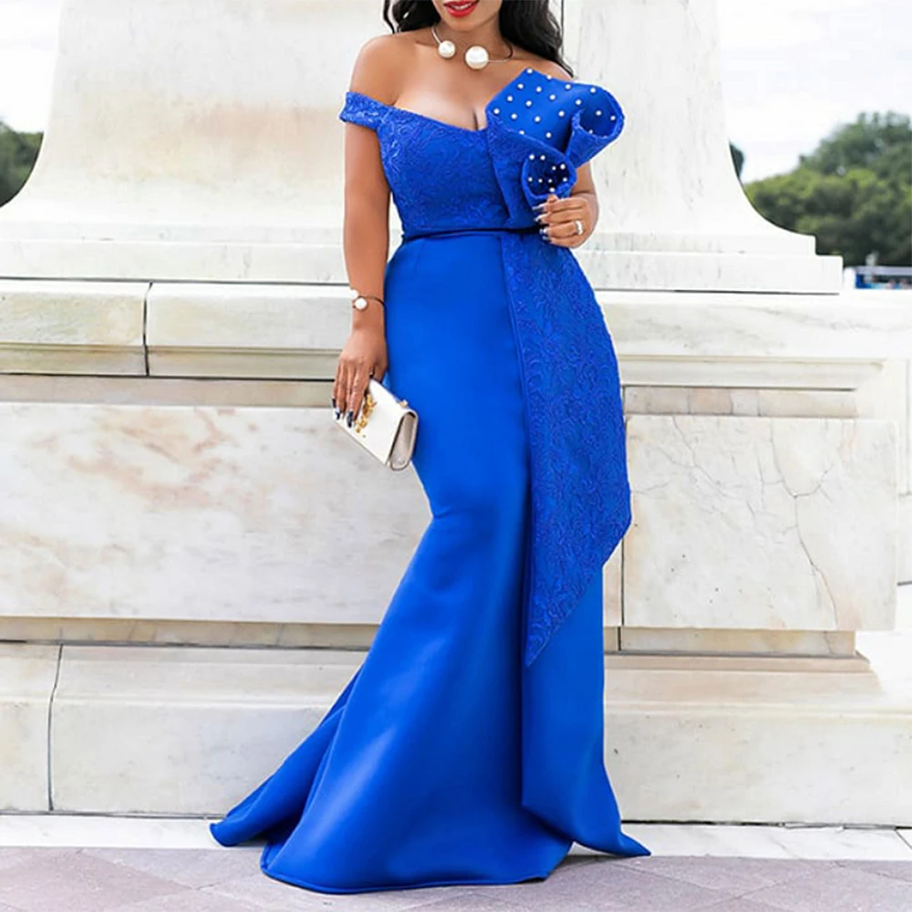

Women's Elegant Off Shoulder Evening Dress Solid Lace Pearl Sexy Asymmetric Fishtail Dress Gown Formal Party Bridesmaid Dresses