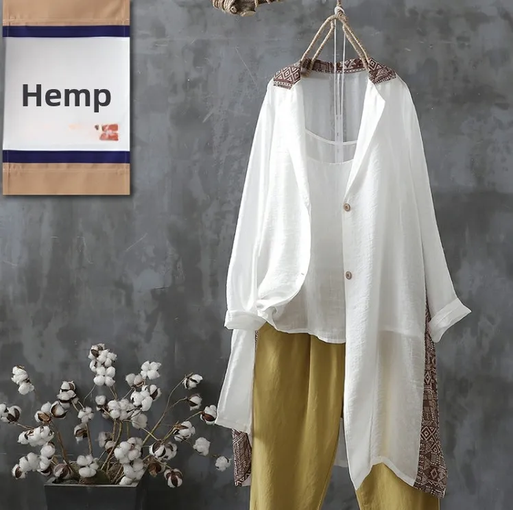

Women's Cotton Linen Blend Thin Sun Protection Shirt Casual Loose Fit Long Sleeve Button up Pure Color Patchwork Coat