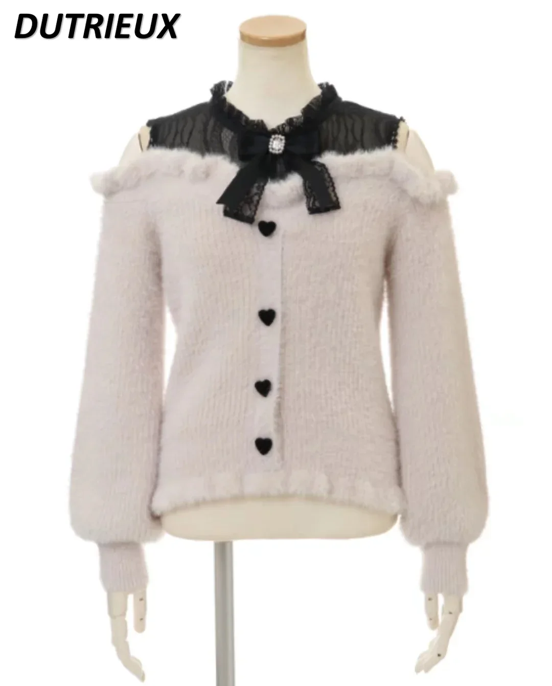 Japanese Lolita Autumn Winter New Sweet Furry Off-shoulder Sweater Stand-up Collar Versatile Long-sleeved Outer Knitted Pullover