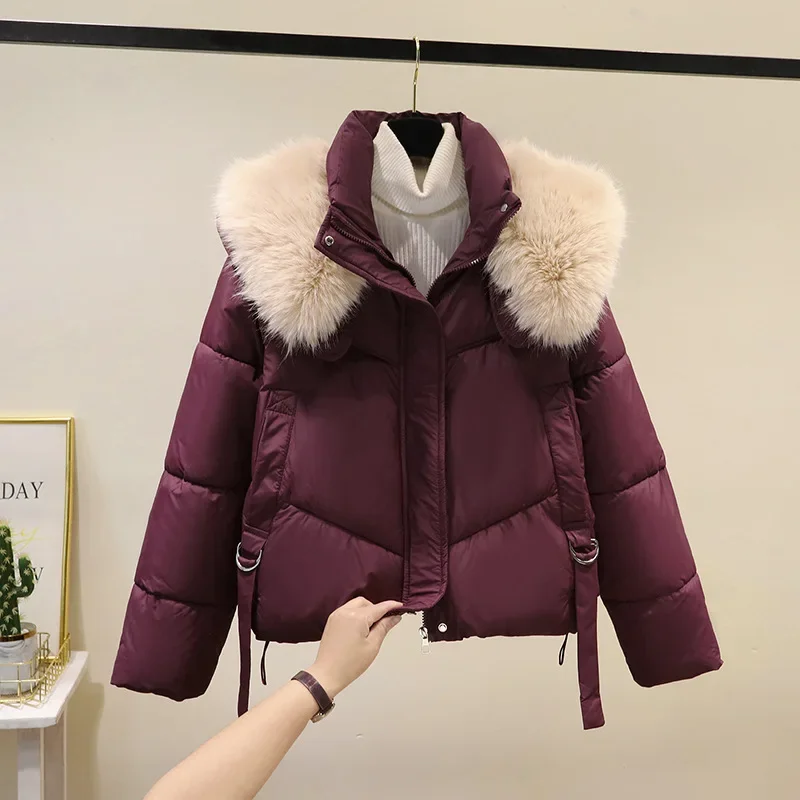 Chaqueta acolchada con capucha para mujer, abrigo grueso de algodón con cuello de piel, diseño elegante de manga larga, prendas de vestir exteriores