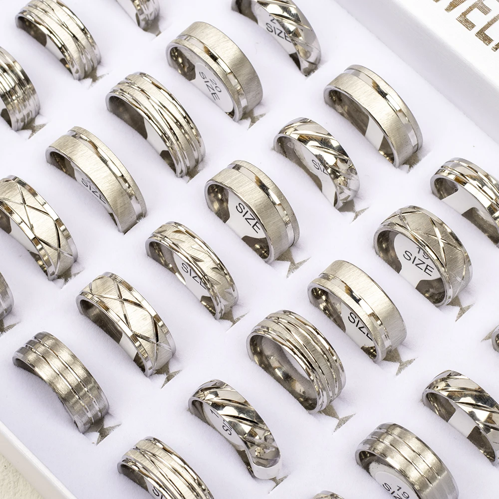 24 Pcs/Lot Waterproof Mixed Styles Stainless Steel Striped Rings for Women and Men Fashion Charm Jewelry Gift Wholesale