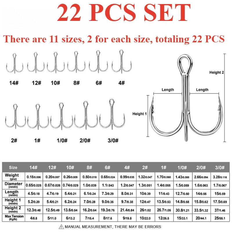 

22PCS Each Model of 2PCS-Luya Three-anchor Blood Slot Hook, 3x Reinforced High Carbon Steel Fishing Accessories