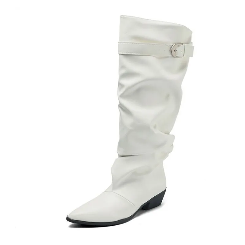 2026 Herbst Retro-Stil Spitze Plissierte Damen-Langstiefel mit Breiten Lederschnallen, Schlichte und Elegante Hohe Kavallerie-Stiefel – Detail 12