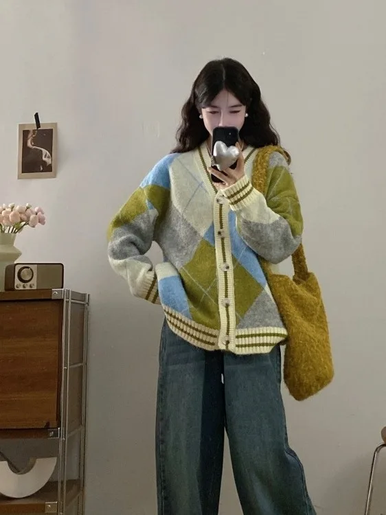 

plus Size Women's Lazy Sle Retro Diamond Pattern Knitwear Coat Autumn Winter New Loose Versatile Knitted Top for plus Size