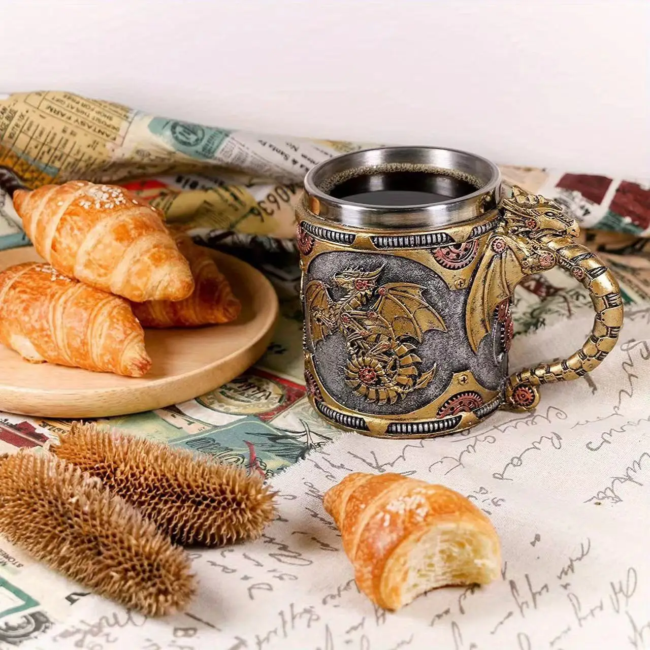 Vintage Medieval Steampunk Dragon Mug Stainless Steel Coffee Cup Metal Mechanical Loong Beer Cola Drinks Tools Men Office Gifts