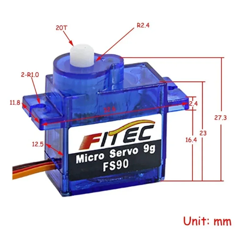 FS90 9g Micro Servo Motor de cepillo de carbono 4,8 V-6V con brazo 120 grados para Robot helicóptero brazo robótico modelo RC