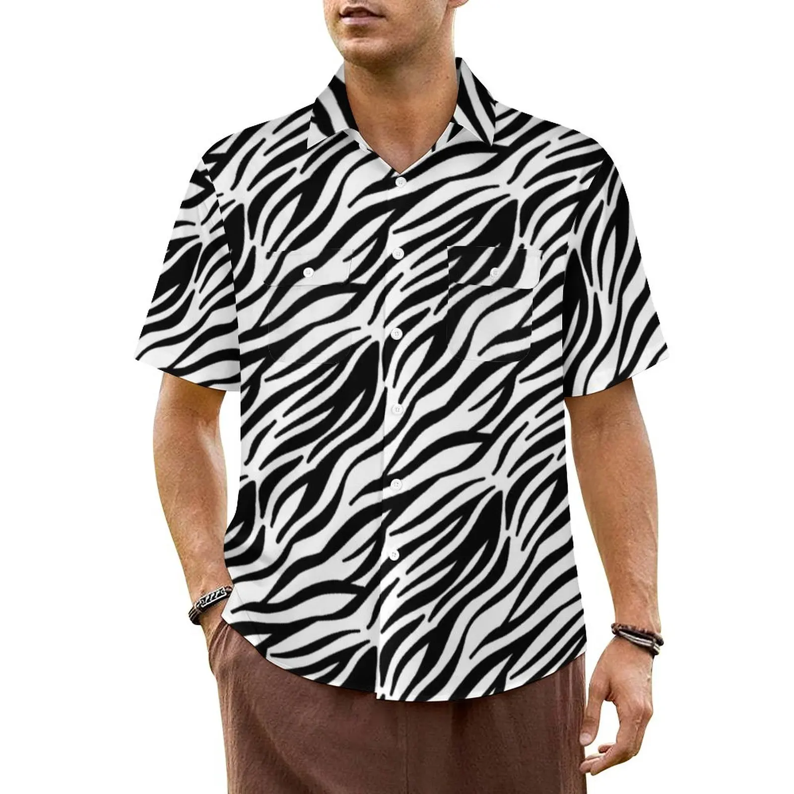 

Hawaiian Shirt Beach Black And White Zebra Blouses Stripes Print Vintage Casual Shirts Man Short Sleeve Fashion Oversize Clothes