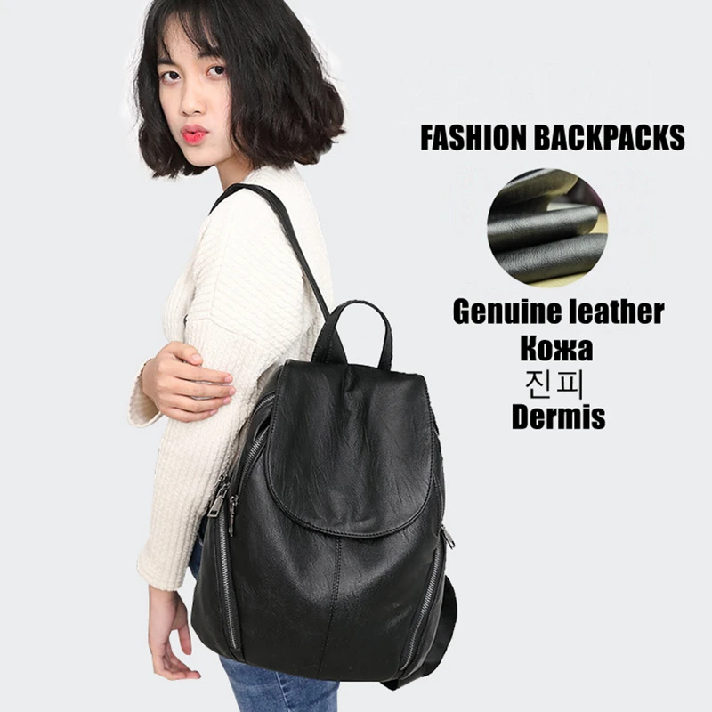 Black Backpacks for Women Genuine Leather High Capacity Waterproof Backpack Trendy Women School Bags Girl Travel School Bags