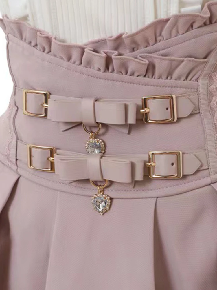 Japanese Mine Double Butterfly Braid Buckle Leather Ring High Waist Skirt Shorts Women 2023 Summer Sweet Pink Lace Pleated Skirt