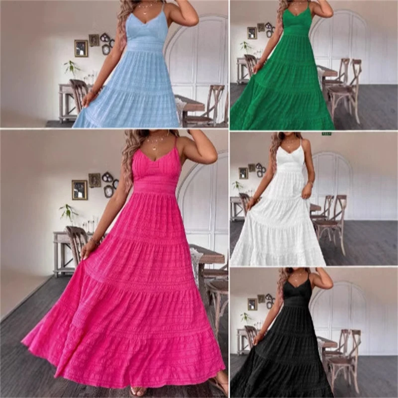 Sexy Hosenträger-Kleid mit V-Ausschnitt, einfarbig, großer Saum, Fliege, langer Rock für Damen, Strand, Party, Date, Nacht, feminines Sommer-Outfit