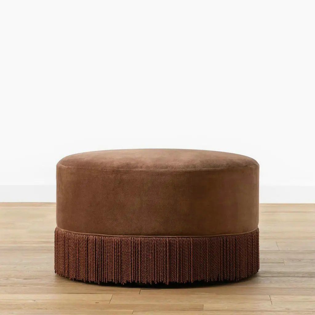 #Aesthetics Furniture LivingRoom Brown Velvet Fringe Ottomans French Style Wooden Around Pouffe Stool Gym Rest Bench for Bedroom