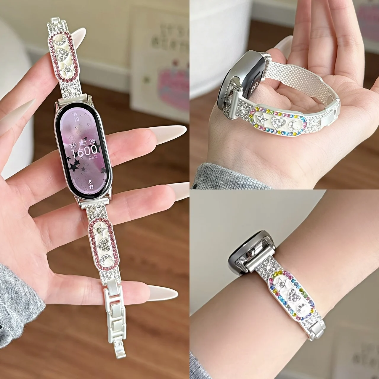 Luxury Rhinestone Star Moon Heart Metal Bangle Wristband For Xiaomi Band8 9 10 Pro Redmi Watch 4 5 Elegant Daily Watch Accessory