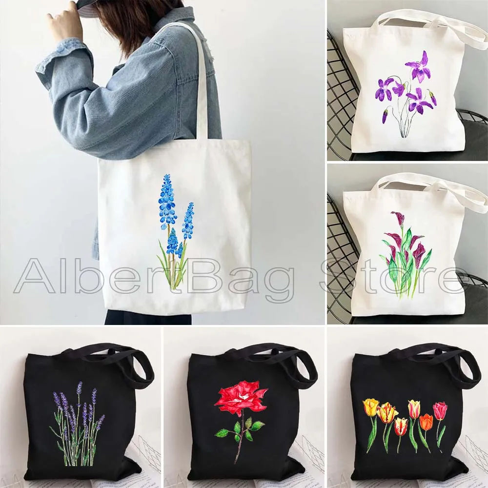 

Hand Painted Colourful Wildflowers Canvas Tote Bag Cactus Plants Tulips Cosmos Flowers Rose Camellia Daffodils Lavender Handbags