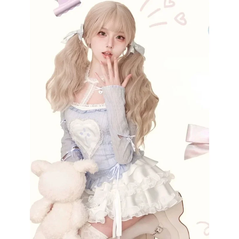 Комплекты Лолиты в японском стиле, женская блузка с принтом Harajuku Kawaii + милый тонкий торт, повседневная мини-юбка Y2k, популярные девушки 2000-х годов ty'4