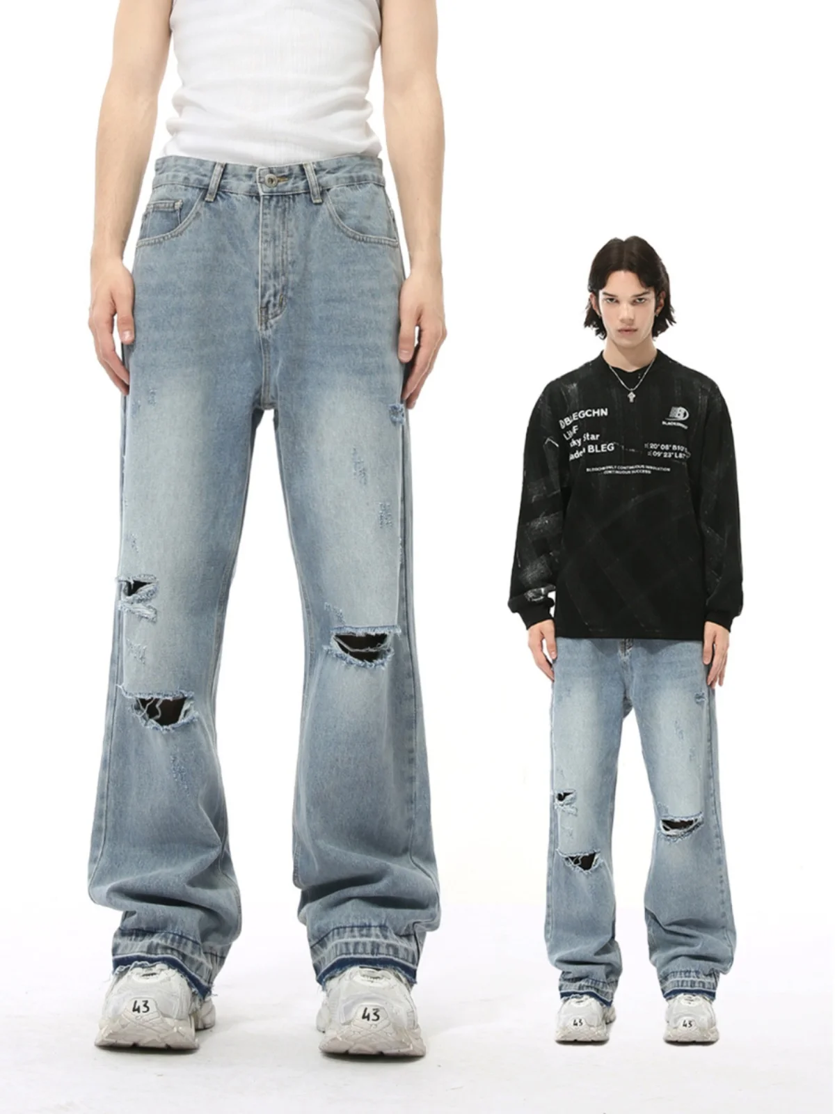 

Мужские джинсы в стиле ретро в американском стиле High Street, повседневные свободные прямые длинные брюки, дизайн с дырками, универсальные, удобные, молодежные модные