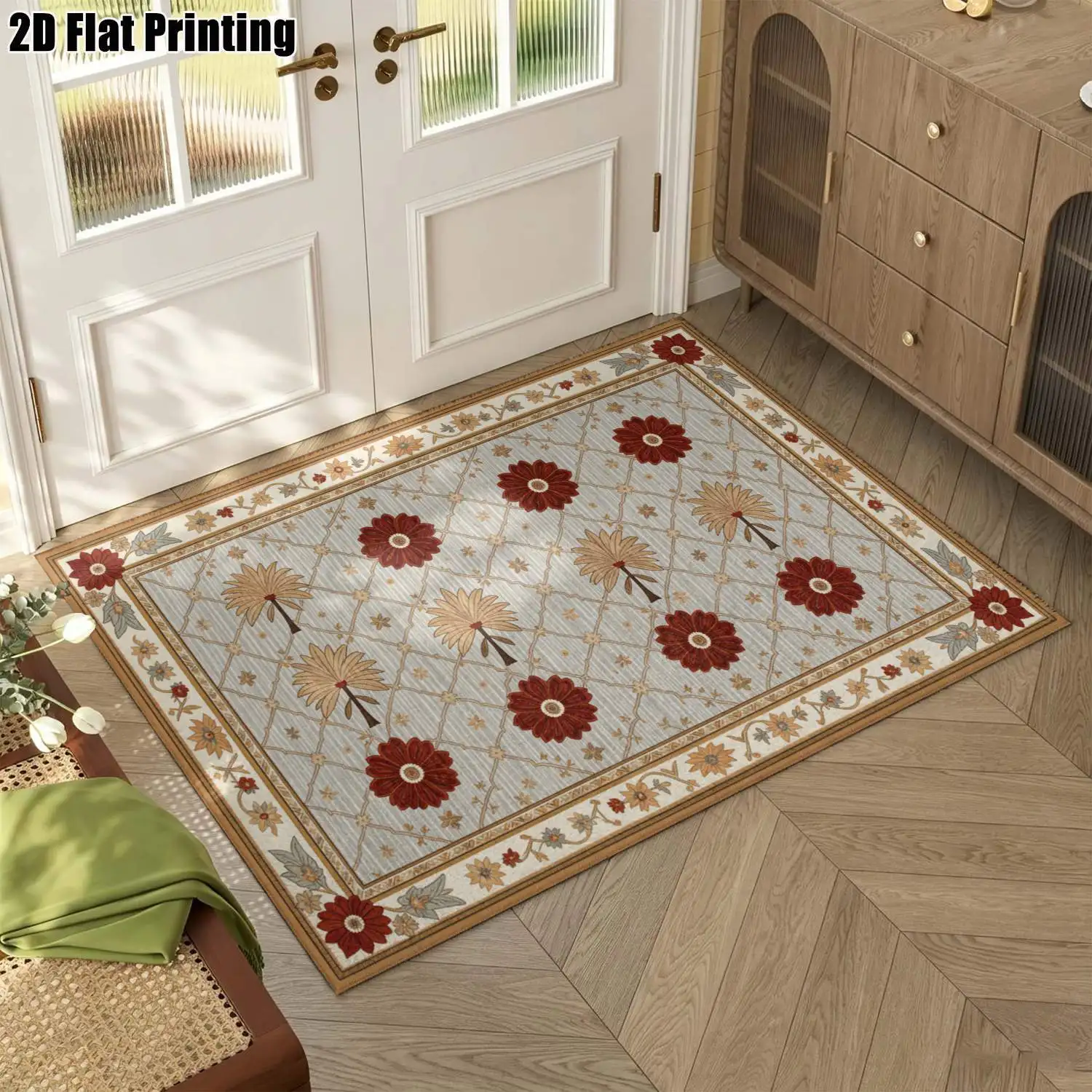 1Pc 2D Printed Carpet: Red-Brown Floral & Geometric European Retro Style, Machine Washable, Multi-Size for Home Decor, Multi-Scene Use