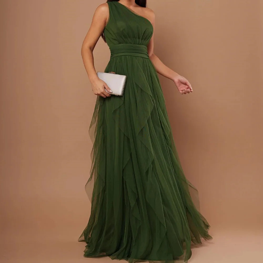 

A-Line One Shoulder Organza Sleeveless Green Classic and Temperament Evening Dresses Pleats Tiered Custom Size Saudi Arabia 2024