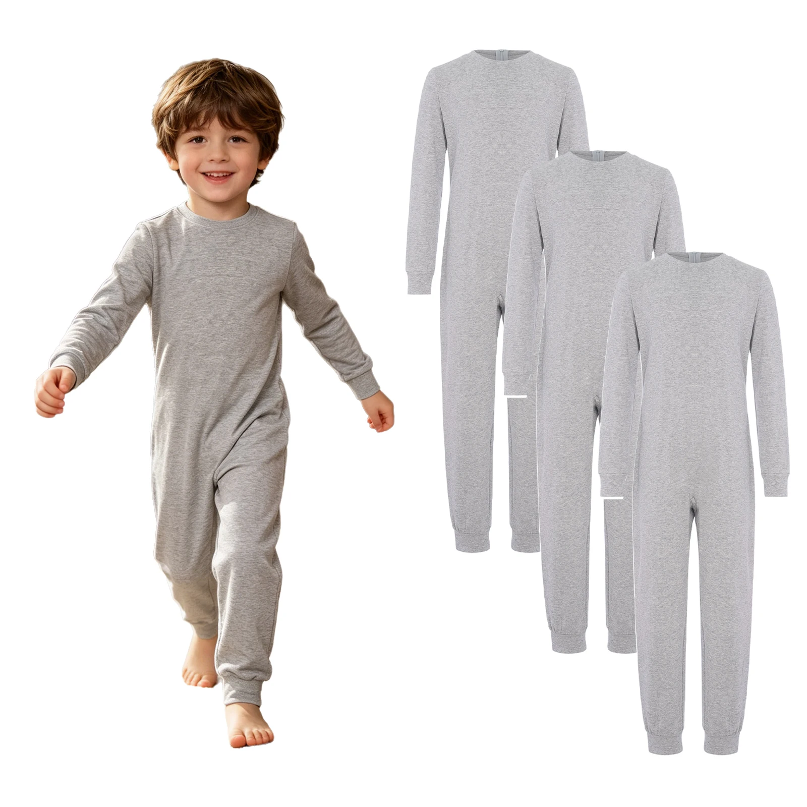 Kids 3Pcs Adaptive Jumpsuit Long Sleeve Anti-strip Back Zipper Cotton Casual Rompers Autism Children Special Needs Clothing