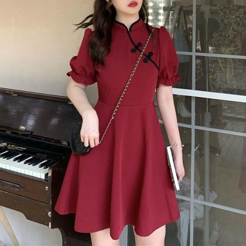 Vestido feminino vestido diário férias primavera feminino estilo chinês elegante mini sem elasticidade poliéster puff manga