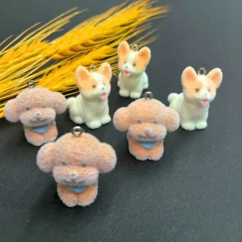 20Pcs Cute Mini Flocked Corgi Teddy Dog Charms Cartoon Animal Doll Resin Pendant Earring Keychain For DIY Crafts Jewelry Make