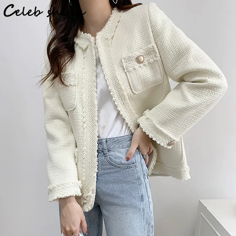 Beige Chic Thicken Tweed Jacket Women Pocket Golden Button Knitted Coats Female O-neck Elegant Winter Fall Outerwear Ladies