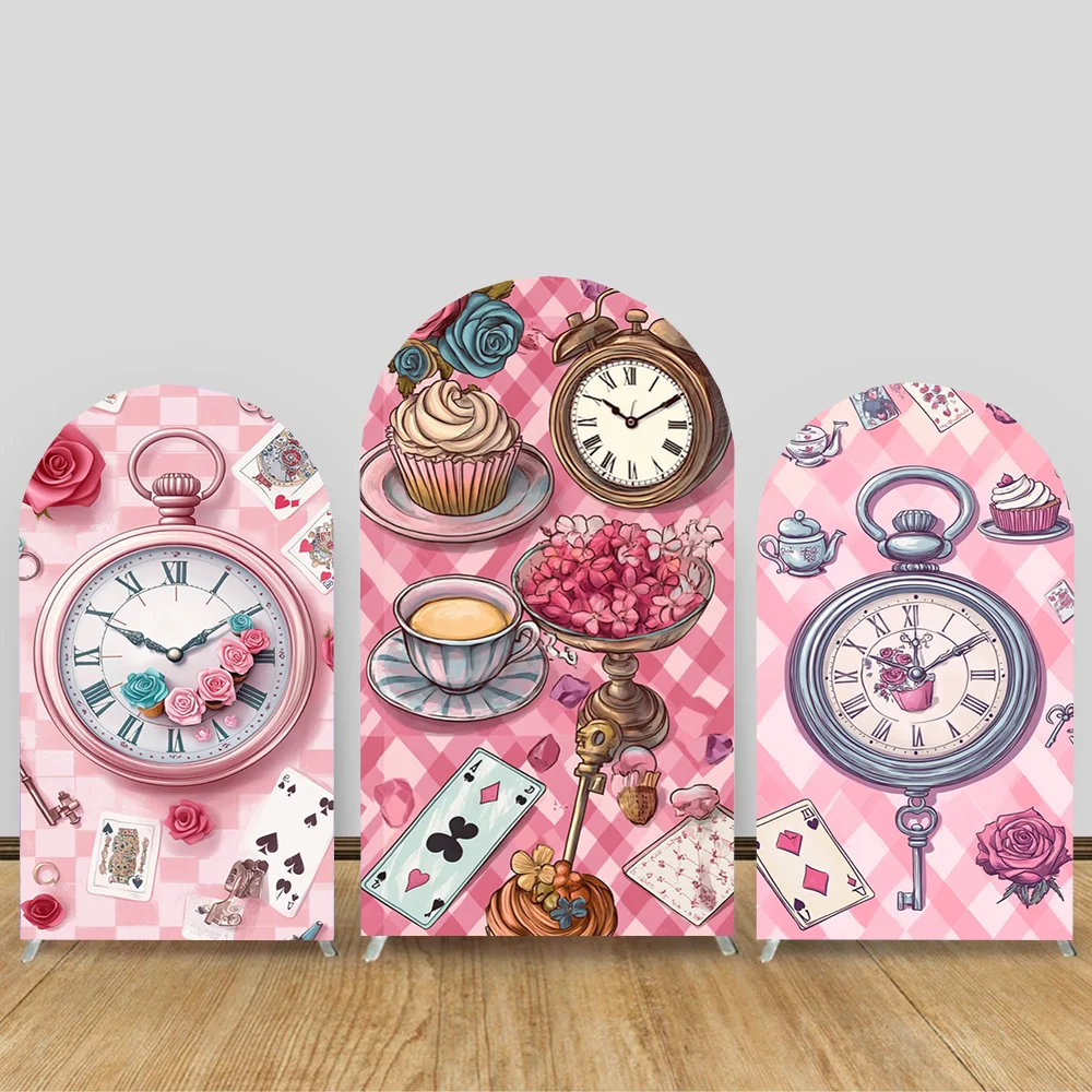 

Alice in Wonderland Arched Cover Backdrop for Girl Birthday Tea Party Clock Flower Pink Background Double-sided Booth