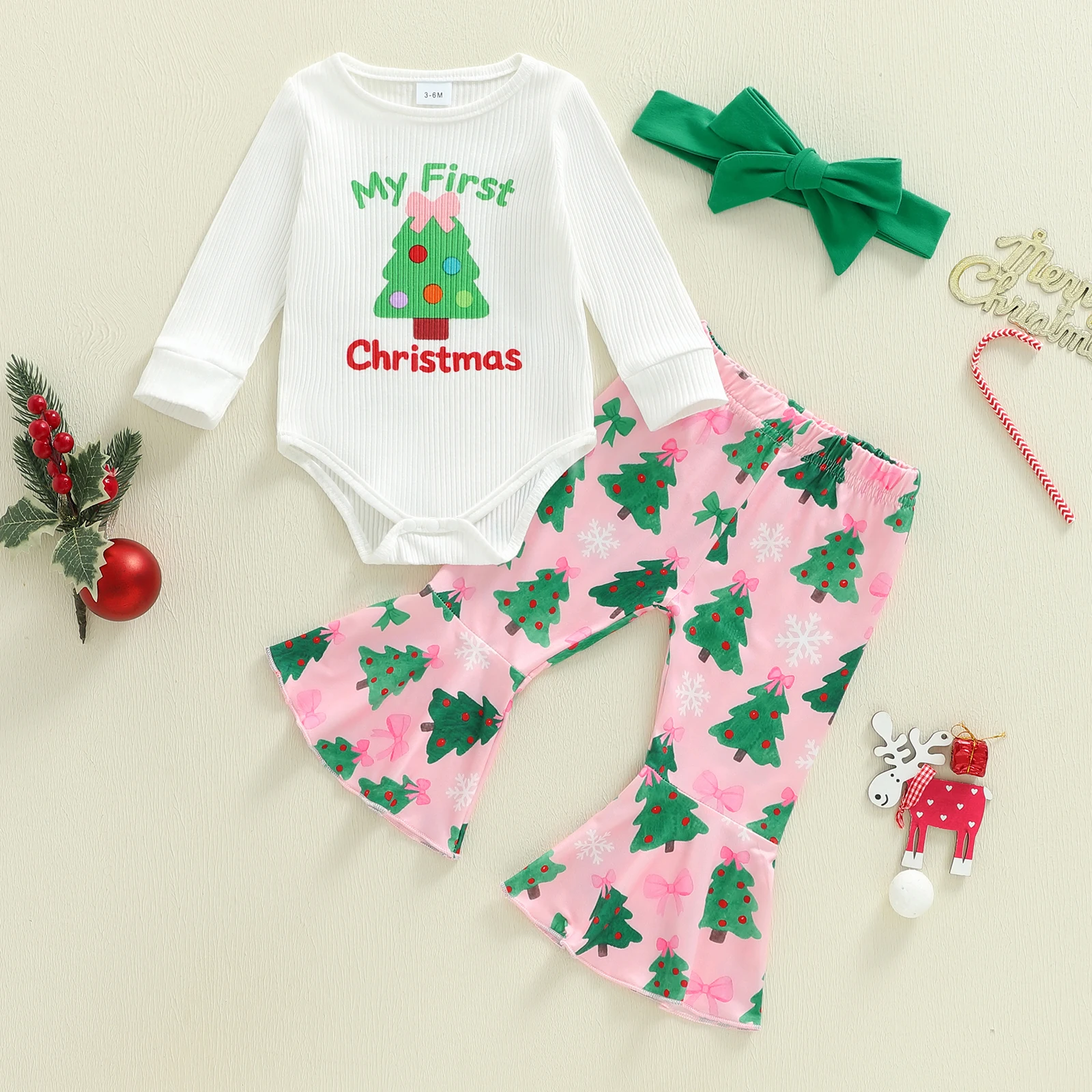 Tregren Infant Baby Girl First Christmas Outfits Long Sleeve Romper with Tree Pattern Flare Pants and Bow Headband 3 Pcs Set