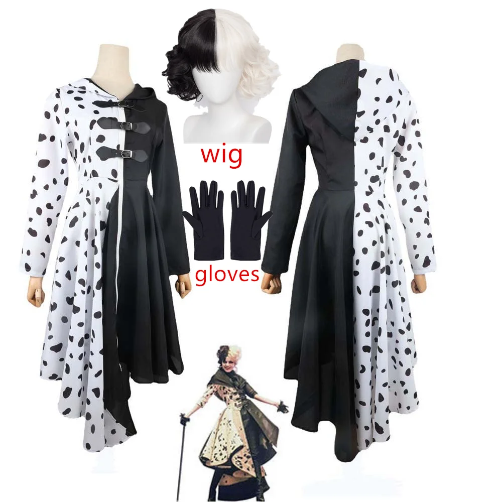 Disfraz De Cruella De Anime para mujer adulta, traje De Cosplay, capa con guantes, traje De Carnaval De Halloween