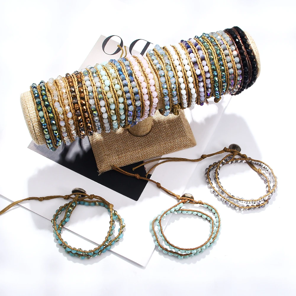 Beautiful Fashion Glass Crystal Bead Wrap Bracelet 2 Wraps Leather Bead Bracelet