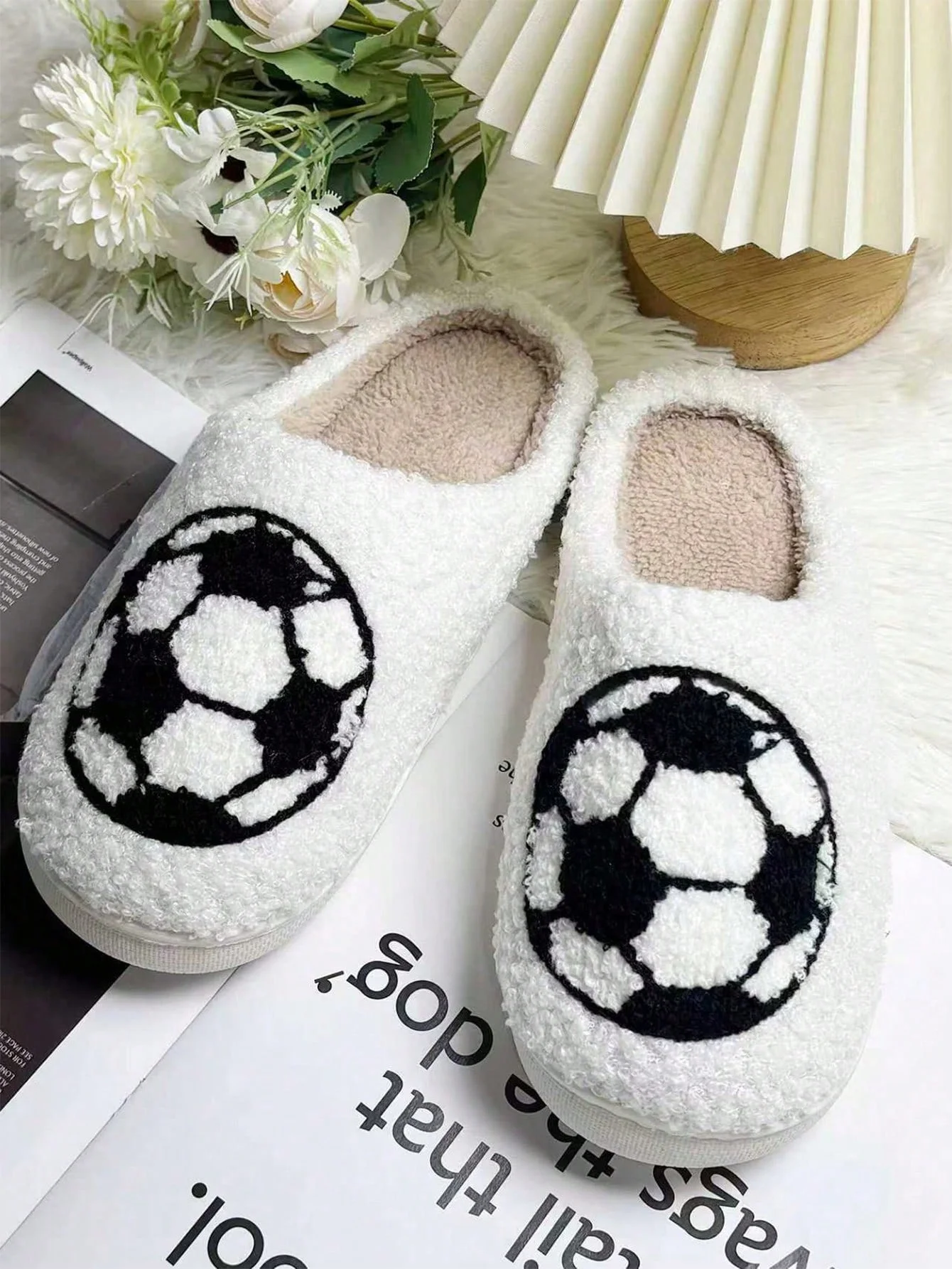 Men's Football Cartoon Embroidered Winter Home Slippers Warm Plush Non-slip Casual Indoor Shoes