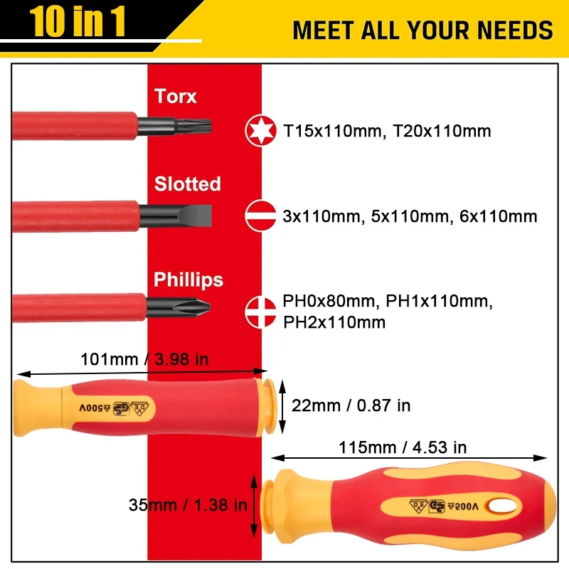 Insulated Screwdriver Set High Voltage Resistant 500V, Electrician Screwdrivers Hand Tools, Magnetic SLOTTED Phillips TORX Bits