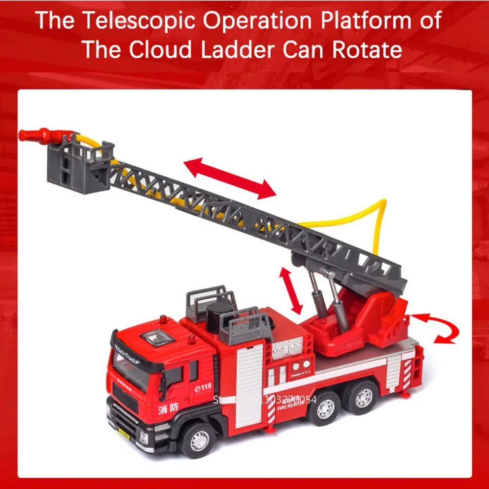 1:50 Alloy Ladder Fire Truck Water Tanker Car Model Toys Metal Diecast Vehicle Sound Light Pull Back Rubber Tires Toy Kids Gift