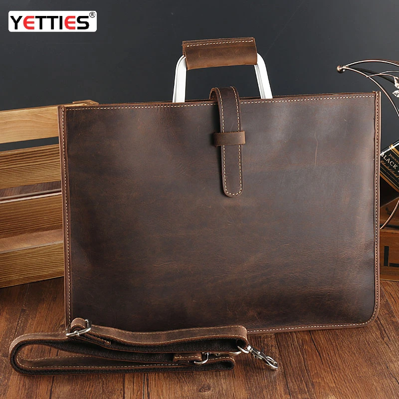 Crazy Horse Leather Men's Bag Horizontal Vintage Business Briefcase Genuine Leather Ultra-thin Handbag Shoulder Crossbody Bag