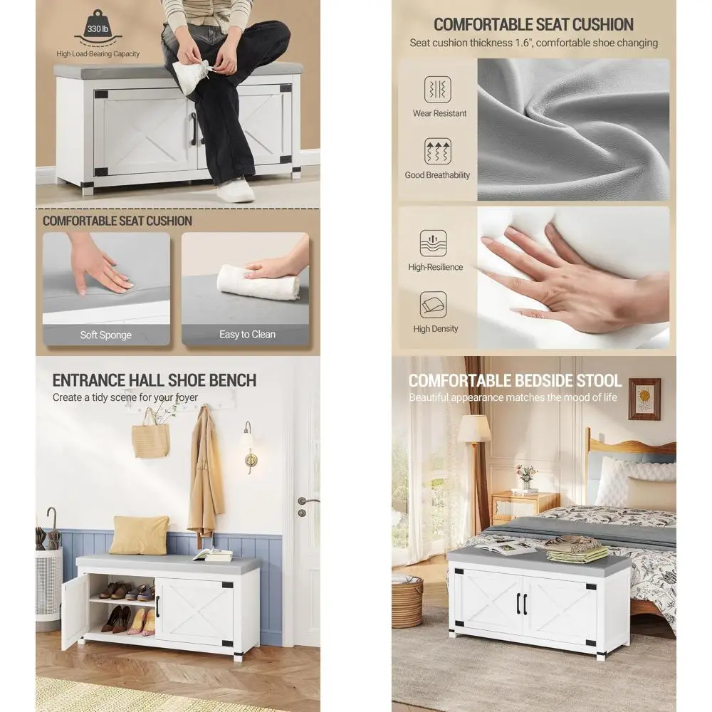 

2-уровневая мягкая скамья для хранения обуви с дверцами сарая, регулируемой полкой, стиль фермерского дома для прихожей, гостиной, спальни - белый S