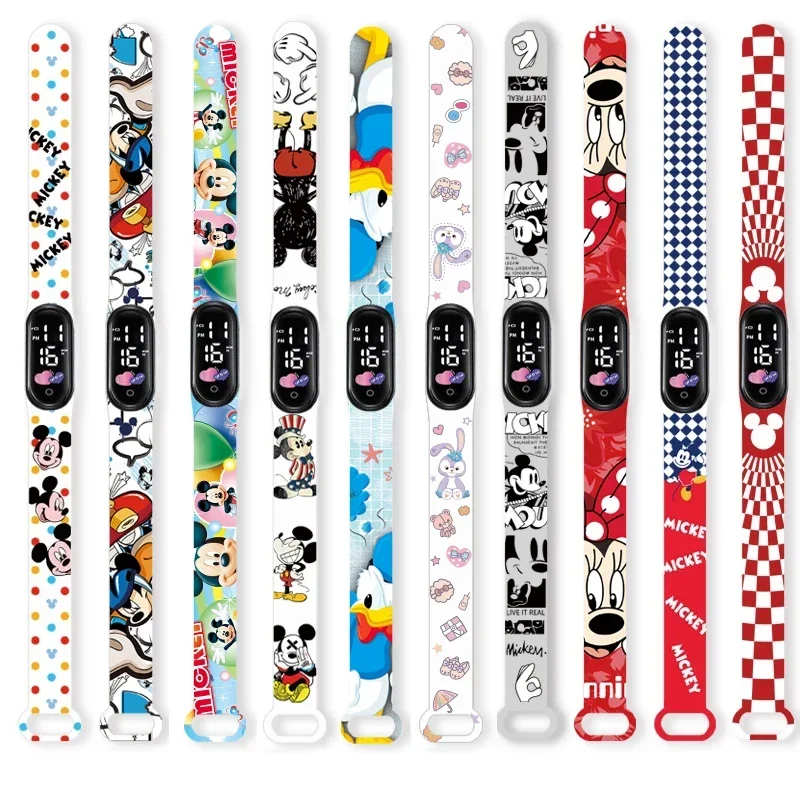 Relojes Disney Mickey Minnie Mouse para niños, figuras de personajes de dibujos animados, LED táctil, reloj electrónico resistente al agua para niños, regalos de cumpleaños, juguete