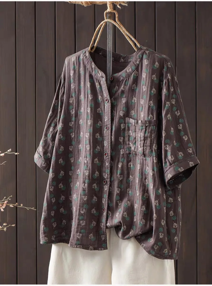 Vintage Leaves Pattern Cotton Yarn Shirts for Women Summer Japanese Style Green Coffee Gray Orange Printed Blouses