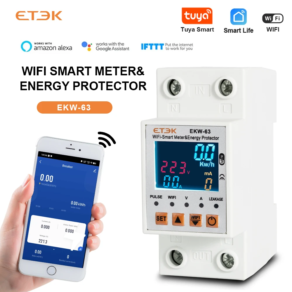 Etek 1-63a Tuya Slimme Aarde Lekkage Over Onderspanningsbeschermer Relais Apparaat Smart Life Wifi Breker Energie Ekw