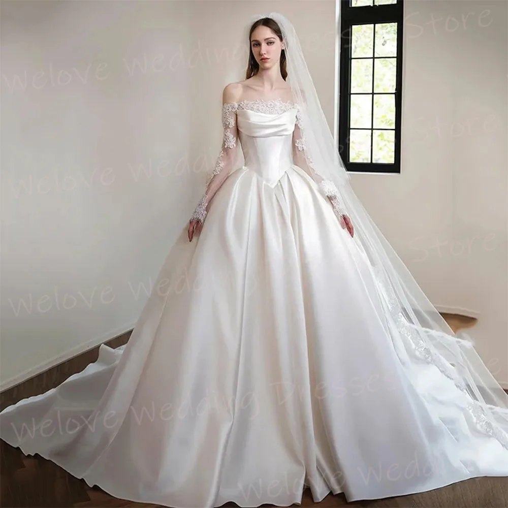 Elegant A Line ชุดแต่งงานของผู้หญิงปิดไหล่ซาติน Vestido ที่กําหนดเองชุดเจ้าสาวแขนยาวลูกไม้ Robe De Mariage