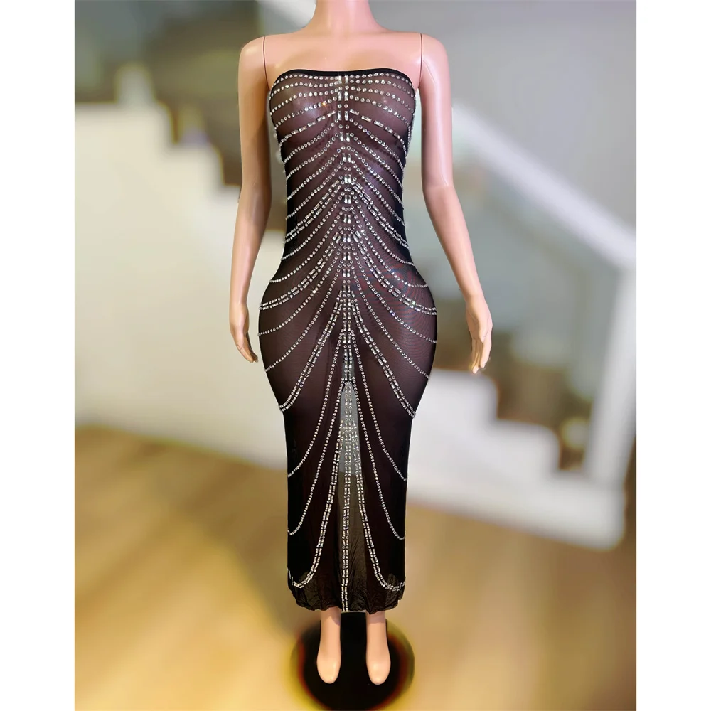 Haut court en maille noire avec strass transparents, jupe longue, tenue pour femmes, fête d'anniversaire, discothèque, Bar, ensemble 2 pièces, Costume de scène
