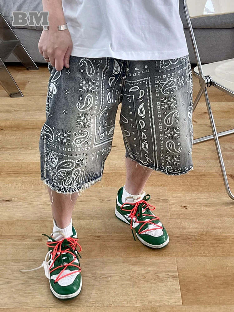 Vintage Cashew Print Raw Edge Denim Cargo Shorts Men Clothing Streetwear Hip Hop Skateboard Jeans Korean Basketball Shorts Male