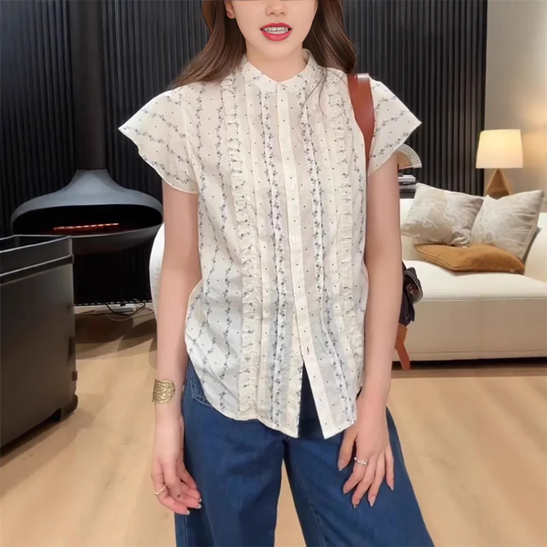 

Loose Fit Floral Print Cotton Shirt Women's Summer New Style Puff Sleeve round Neck Short Sleeve Shirt Gauze Pleated Thin Model