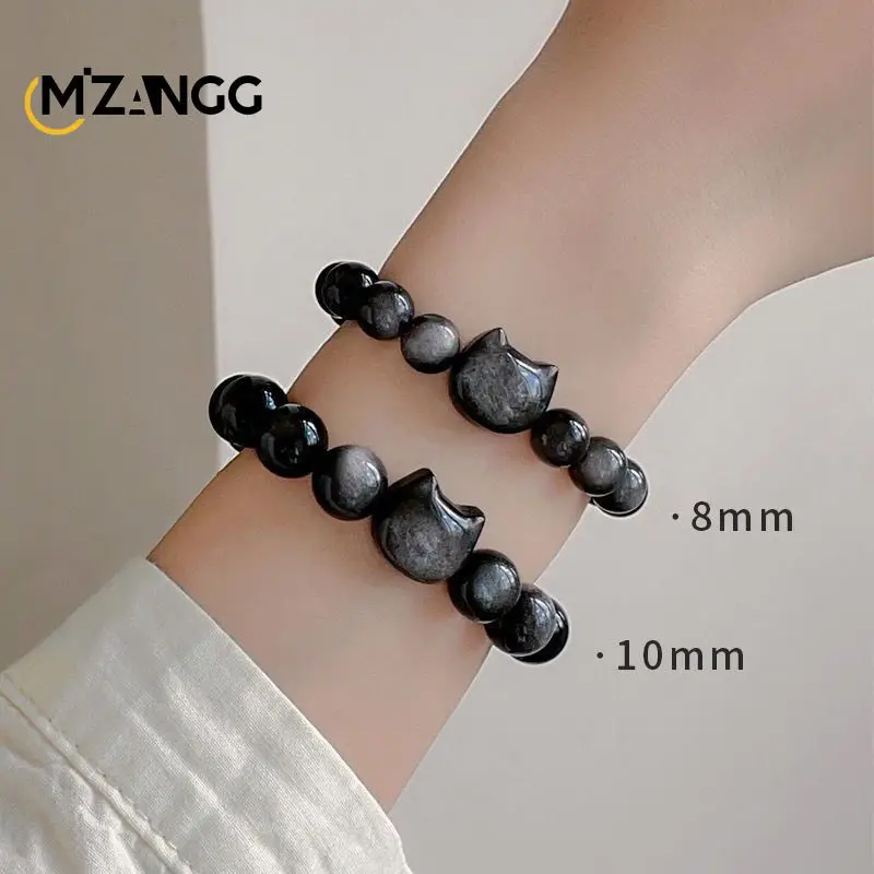 Natural Obsidian Bracelet Gold and Silver Obsidian Cat PiXiu Beads Strings Hand-carved Luxury Jewelry Lucky Amulet Men and Women