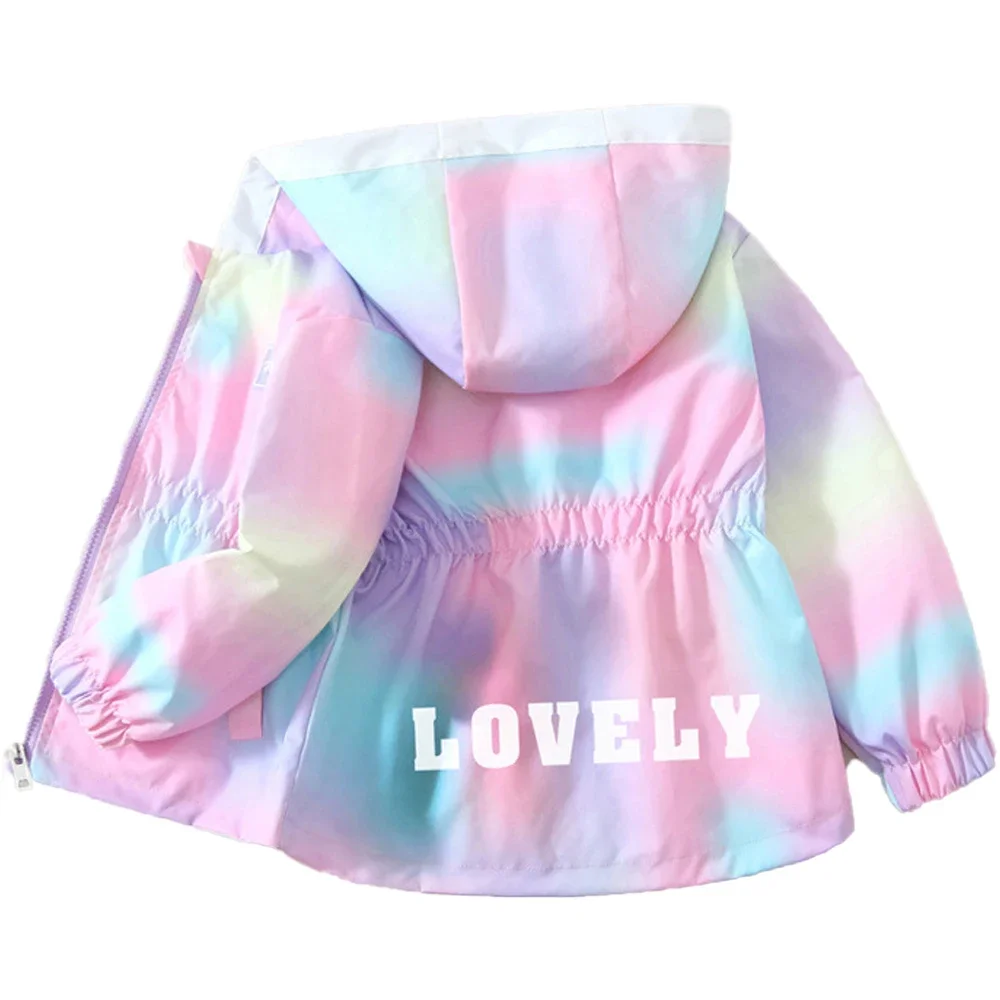 Nueva chaqueta con capucha de primavera para niña de 2 a 12 años, abrigo cortavientos con cremallera y diseño de mezcla degradado con letras a la moda para niños, prendas de vestir exteriores para niños