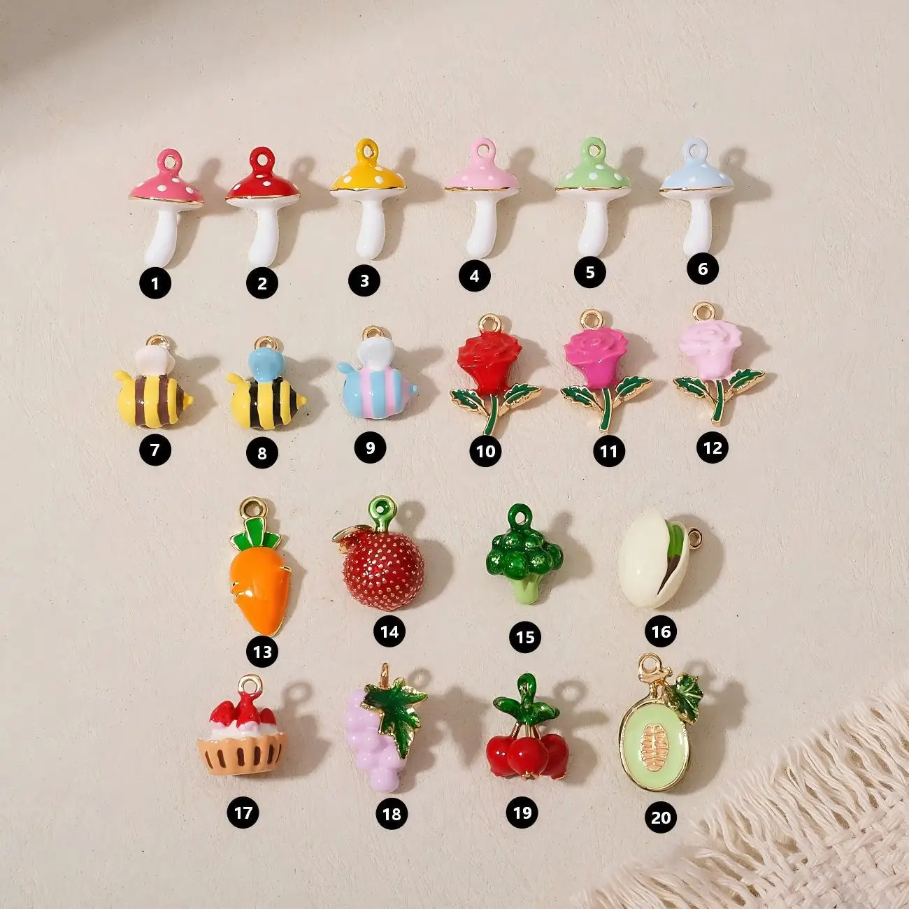5Pcs Cartoon Animal Fruit Mushroom Bee Flower Dessert Enamel Charms DIY Jewelry Pendants