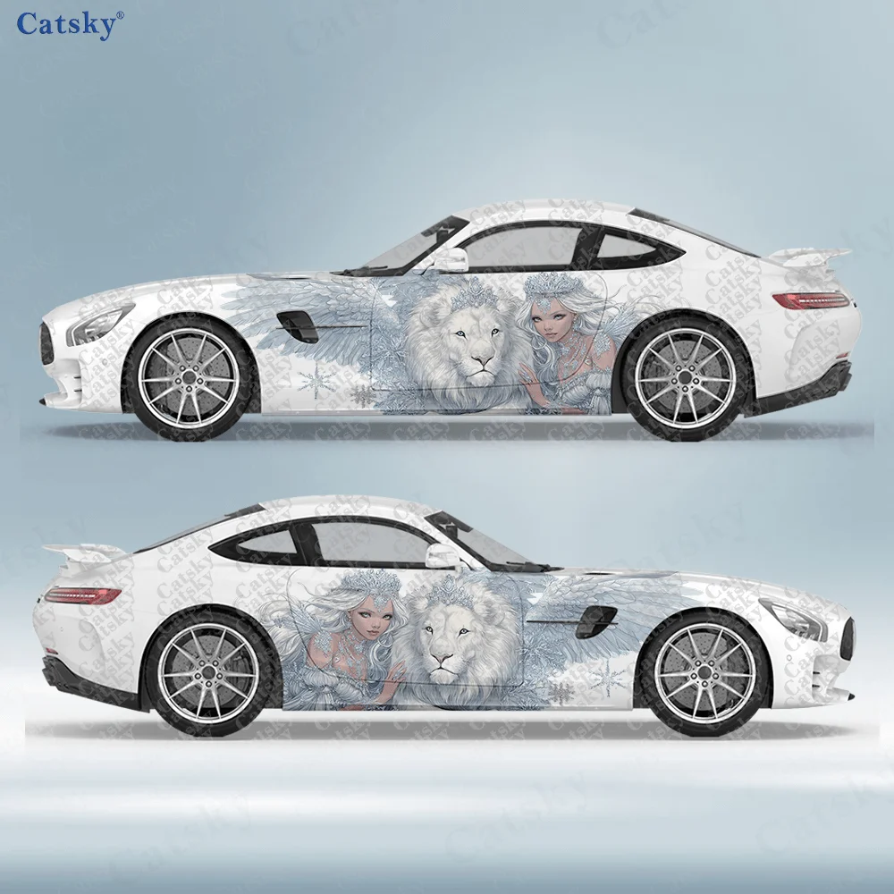 

2pcs Snowy White Lion & Snow Elf Car Side Wraps, Self-Adhesive PVC Waterproof & Scratch-Resistant Stickers, Car Accessory Gift