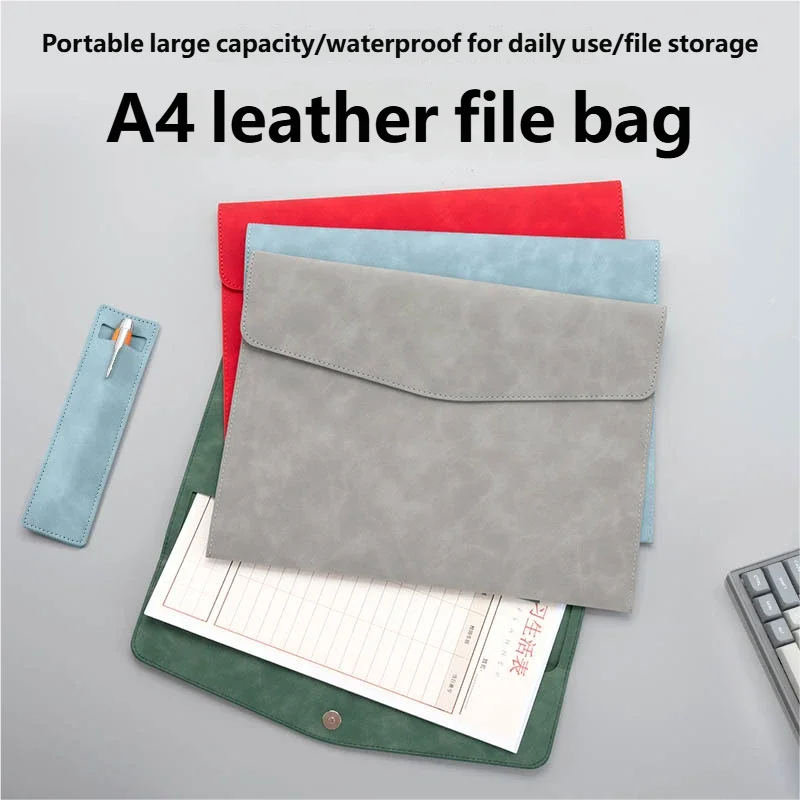 A4 Leather File Storage Bag - Waterproof Large Capacity, Safe for Documents, Portable for Office School Home Durable