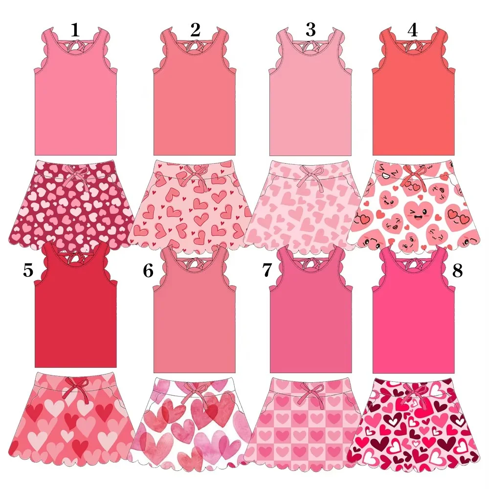 

Комплект юбки в форме сердца на День святого Валентина для маленьких девочек, одинаковые рукава для малышей и детей, оптовая продажа, красный детский комплект