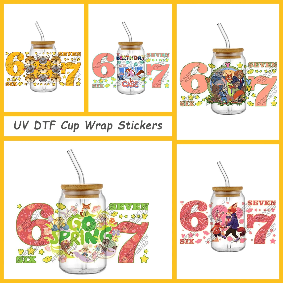 

Six Seven Pattern Zootopia UV DTF Cup Wrap Stickers Cartoon Waterproof Libbey Glasses Wrap Decals DIY Cold Transfer Cup Stickers