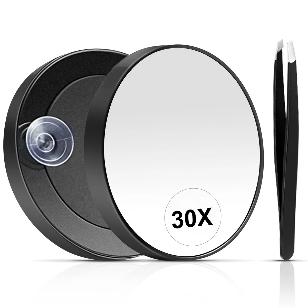 30X Compact Mirror Set Magnifying Mirror with Suction Cup and Tweezers, As a Travel Mganifying Mirror